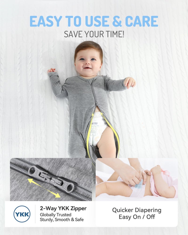 HAPIU Rayon from Bamboo Baby Footed Pajamas, 2 Way Zipper YKK, Footie for Baby Boy Girls, Newborn-24 Months, 2-Pack, Light Heather Grey&Dark Grey, 0-3 Months - Image 4